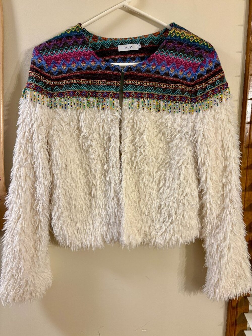 MJA Boho Fair Isle Knit Shag Faux Fur Beaded Fringe Crop Jacket - Size S